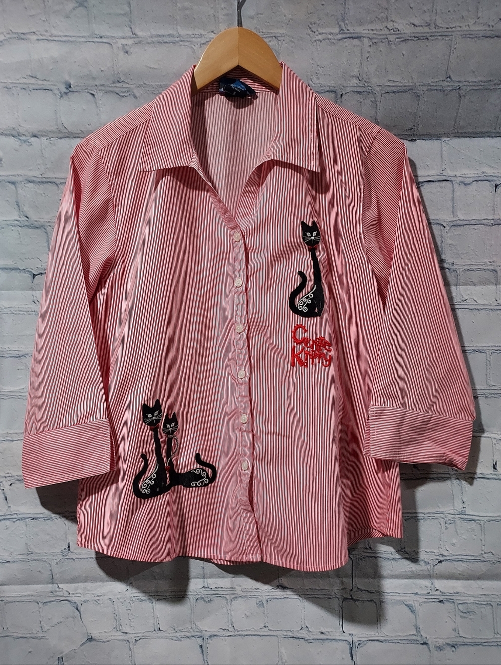 Las Olas Women's Small Button Up Shirt Pinstripes Red White Embroidered Cats